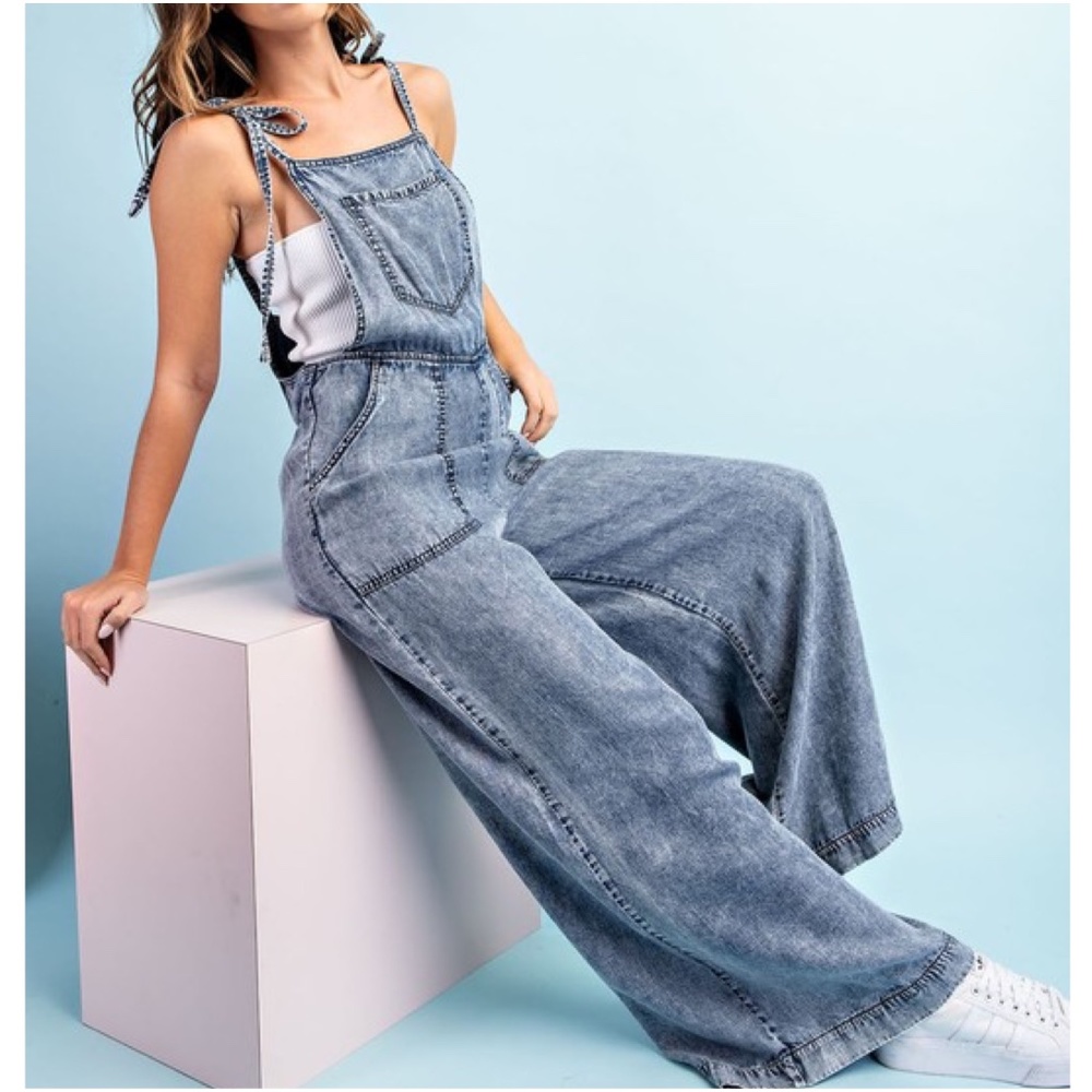 031 Boho Blue Mineral Washed Wide Leg Pockets Jumpsuit - Picture 8 of 10